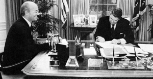 Secretary of Interior James Watt (at left) and President Ronald Reagan in 1982. Watt, a longtime critic of federal land management policies, was among Reagan's more controversial cabinet picks. Photo by Mary Anne Feckelman, The White House. Image from www.usbr.gov.