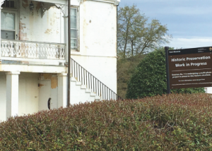 Sign explaining historic preservation work, Fort Monroe National Monument. Photograph by Rolf Diamant